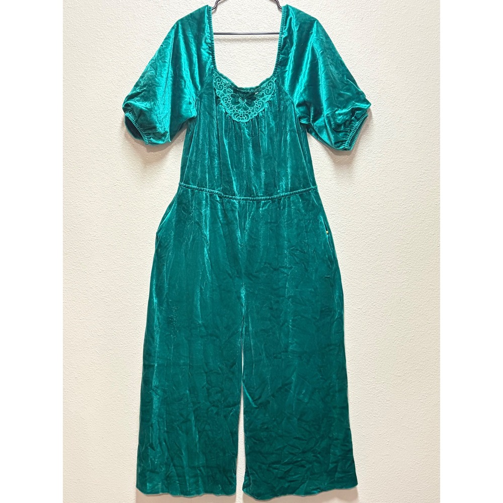 Vintage Sears At HomeWear Green Workers Union USA Velvet Jumpsuit Wide Leg SZ. M